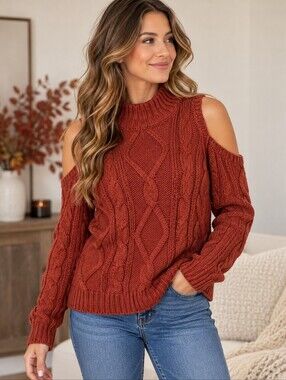 Another Story Rust Cable Knit Cold Shoulder Sweater L